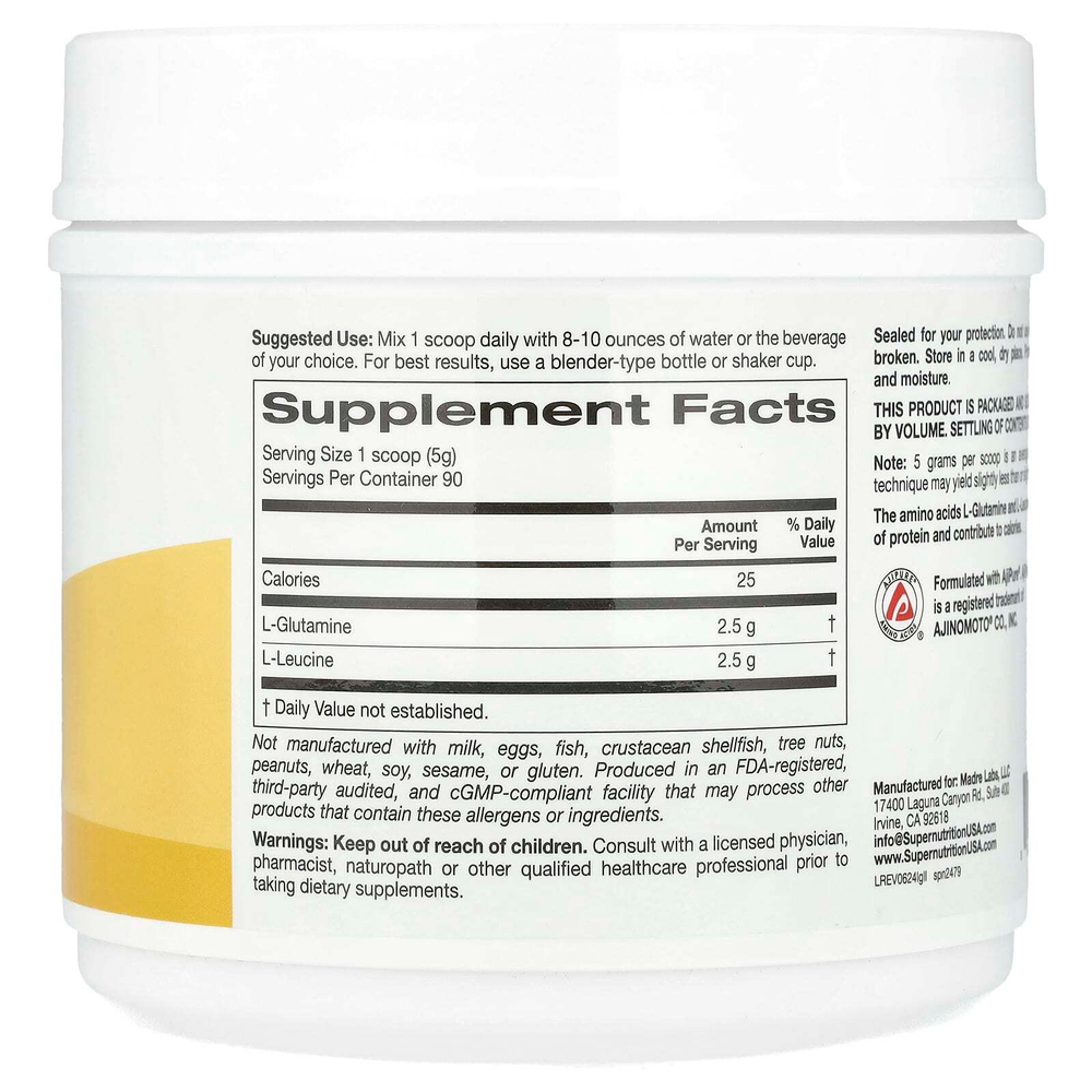 Super Nutrition, L-глютамин и L-лейцин, без вкусовых добавок, 450 г (15,87 унции)
