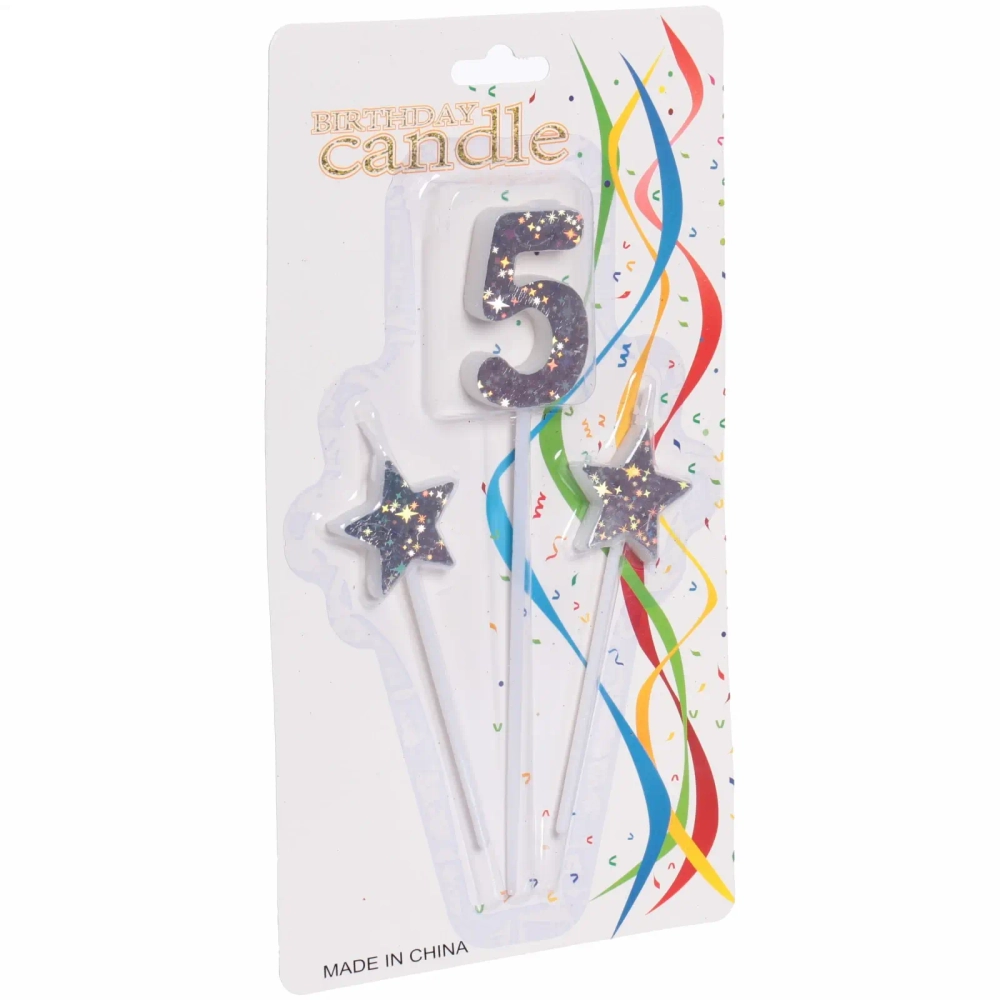 Свеча для торта Цифра Звёздное сияние «5» 16 см (набор 3шт), серебро