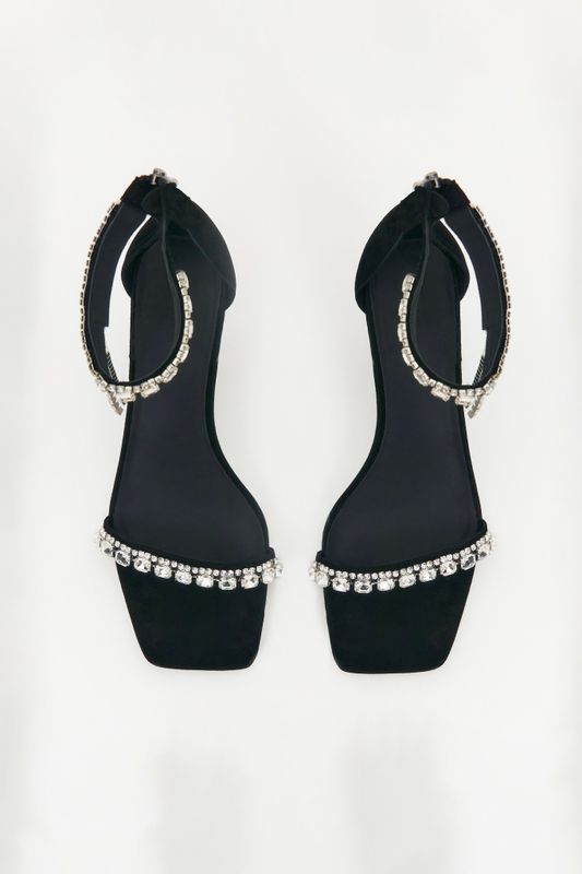 Босоножки из замши с декором из страз, черный