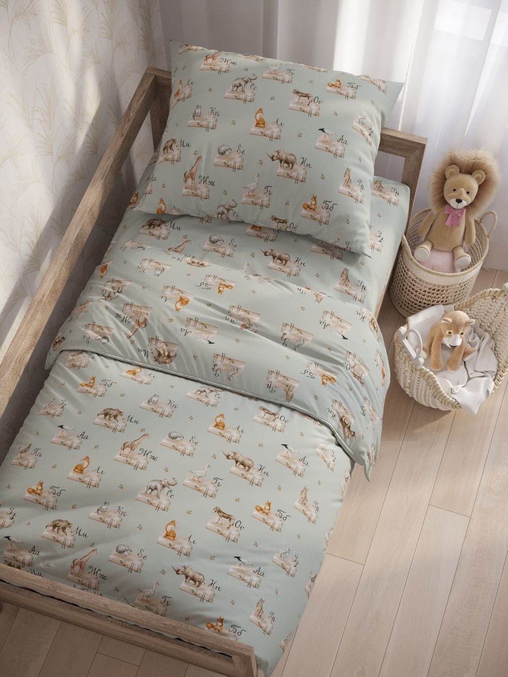 Простынь на резинке перкаль Сказка "ЗооАлфавит" 90x200 см