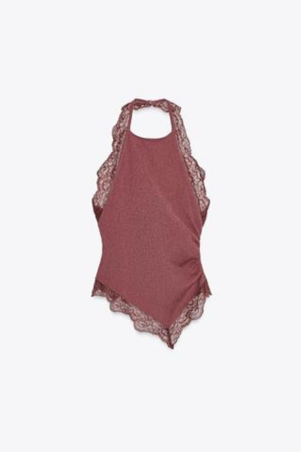 ZARA ТЕКСТУРИРОВАННЫЙ ТОП-ХАЛТЕР С КРУЖЕВОМ, ТЕМНО-РОЗОВЫЙ