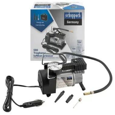 Компрессор автомобильный поршневой одноцилиндровый с аналоговым манометром (12В, 10А, 30л/мин, 7бар) в комплекте с переносной сумкой Scheppach Sch-580