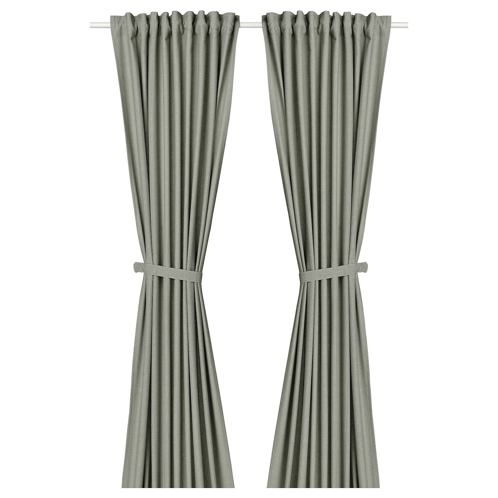 IKEA LENDA  (ИКЕА ЛЕНДА)  -  Штора с креплением, 2 шт, на ленте/светло-серо-зеленый, 140x300 см
