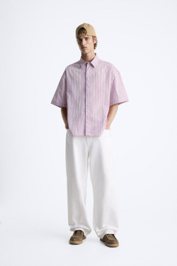 ZARA РУБАШКА В ПОЛОСКУ С КОНТРАСТНЫМ ПРИНТОМ, РОЗОВЫЙ