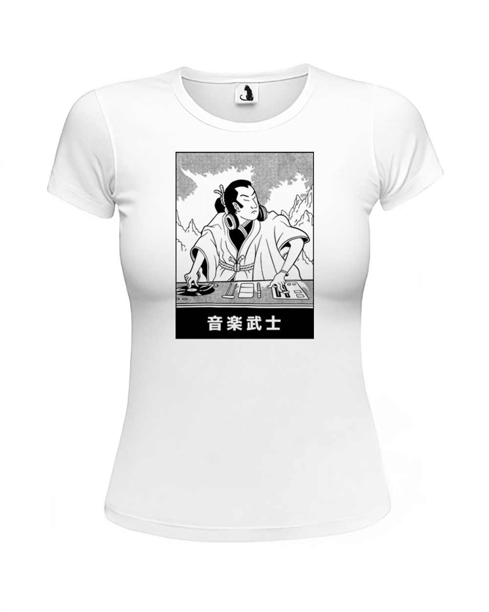 Футболка Диджей-самурай женская приталенная белая с черным рисунком