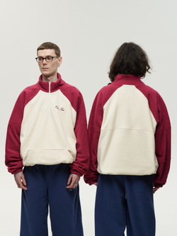 Drawstring Half-Zipped Sweatshirt Raspberry - Cream