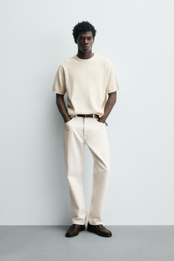 ZARA ФУТБОЛКА ПЛАТОЧНОЙ ВЯЗКИ, ЖЕЛТОВАТО-БЕЛЫЙ