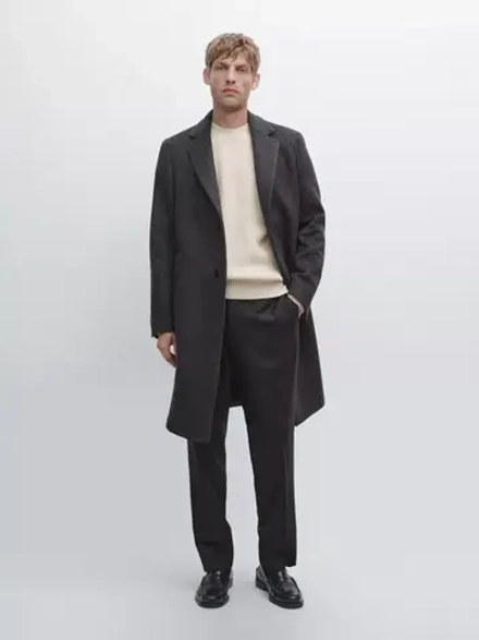 Massimo Dutti Длинное пальто из 100% шерсти с лацканами, маренго