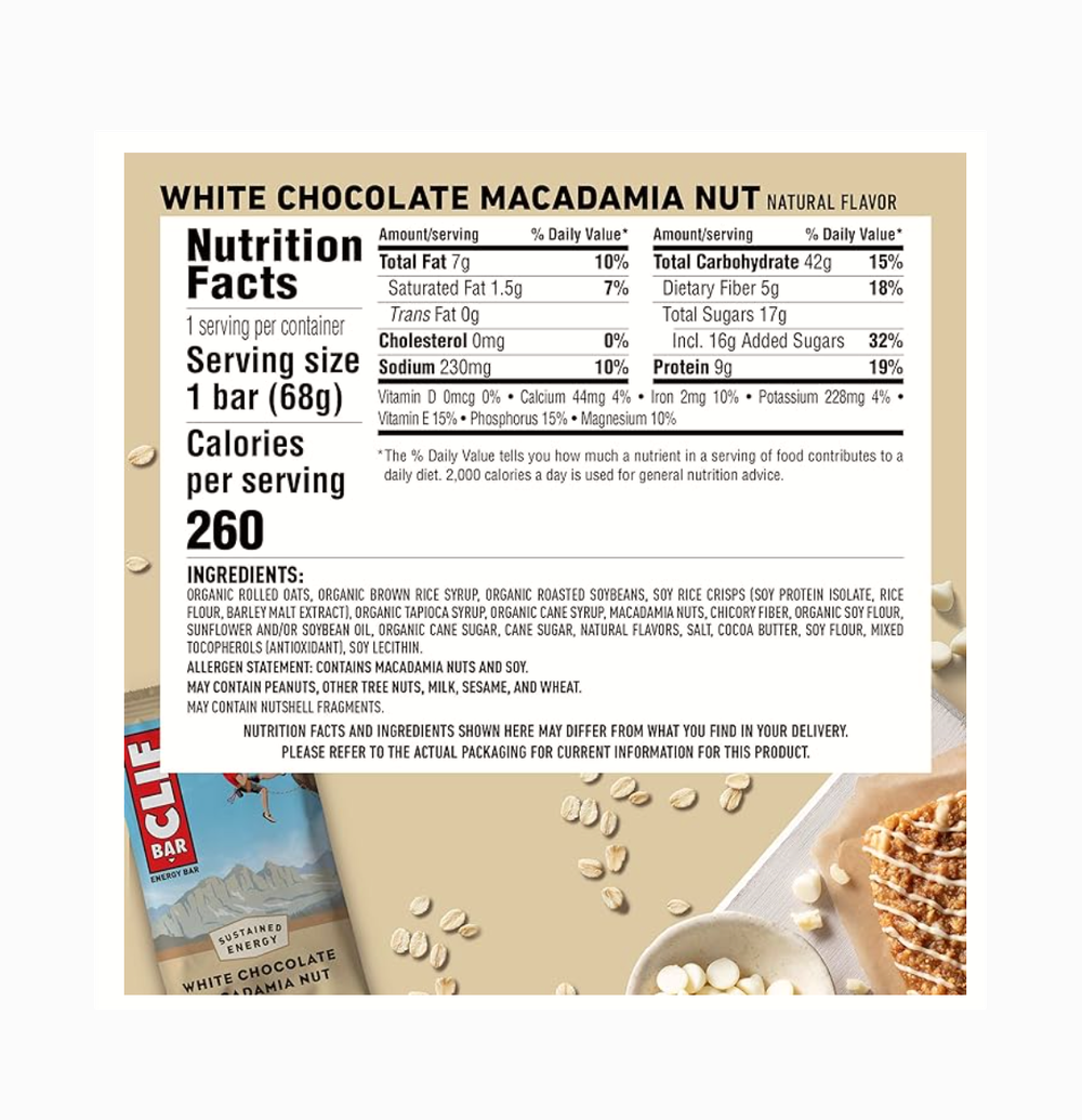 Clif Bar - Протеиновые батончики с белым шоколадом и орехом макадамии - Сделано из органического овса - 9 г белка - Не содержит ГМО - На растительной основе - Энергетические батончики