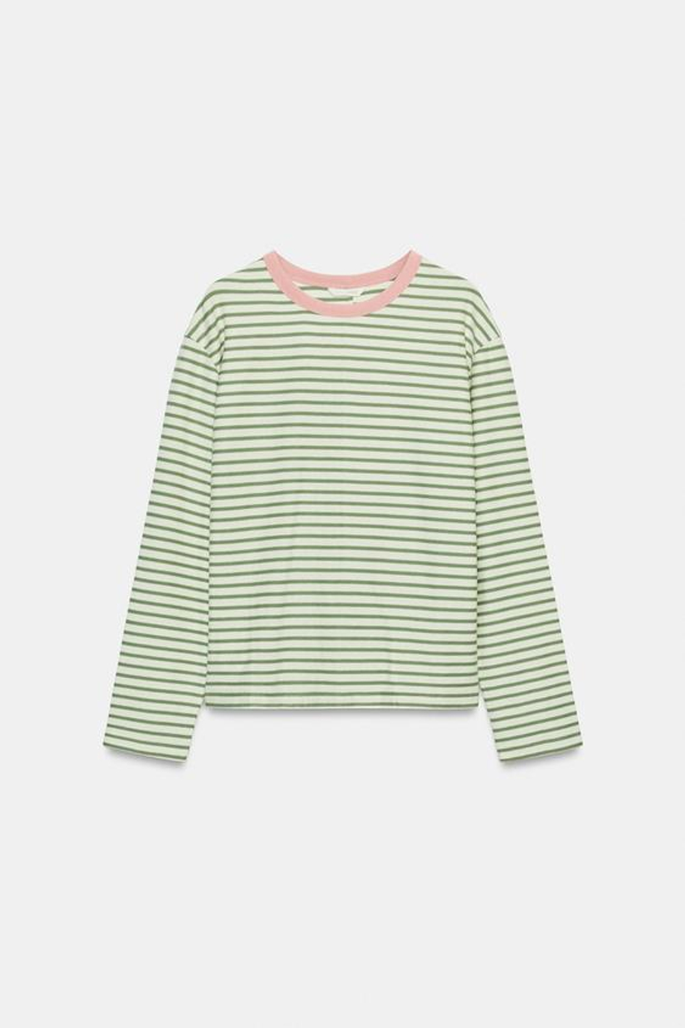 ZARA ФУТБОЛКА В ПОЛОСКУ С ДЛИННЫМИ РУКАВАМИ, ЗЕЛЕНАЯ ПОЛОСА