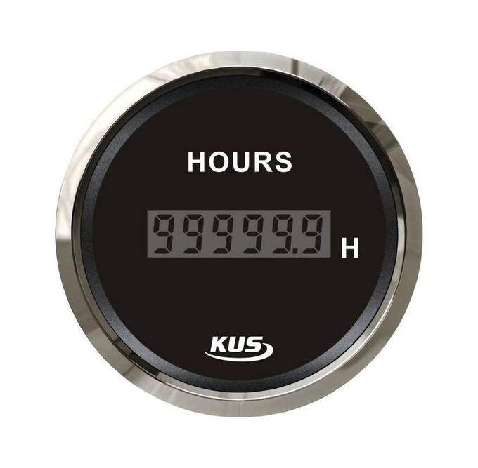 Счетчик моточасов цифровой 0-99999, 9 ч., черный циферблат, нержавеющий ободок, д. 52 мм
