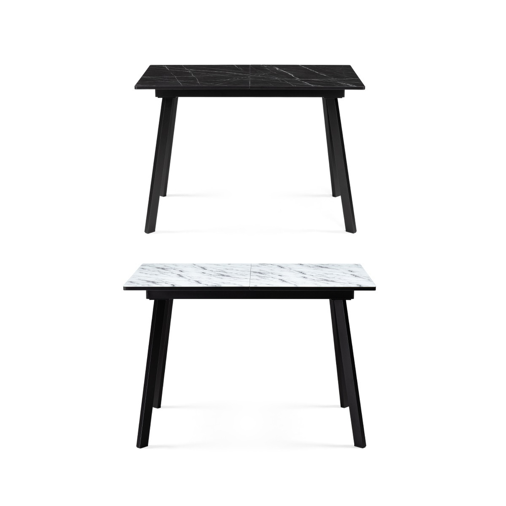 Стол стеклянный Woodville Агни 110(140)х68х76 мрамор белый, черный матовый, ножки черные