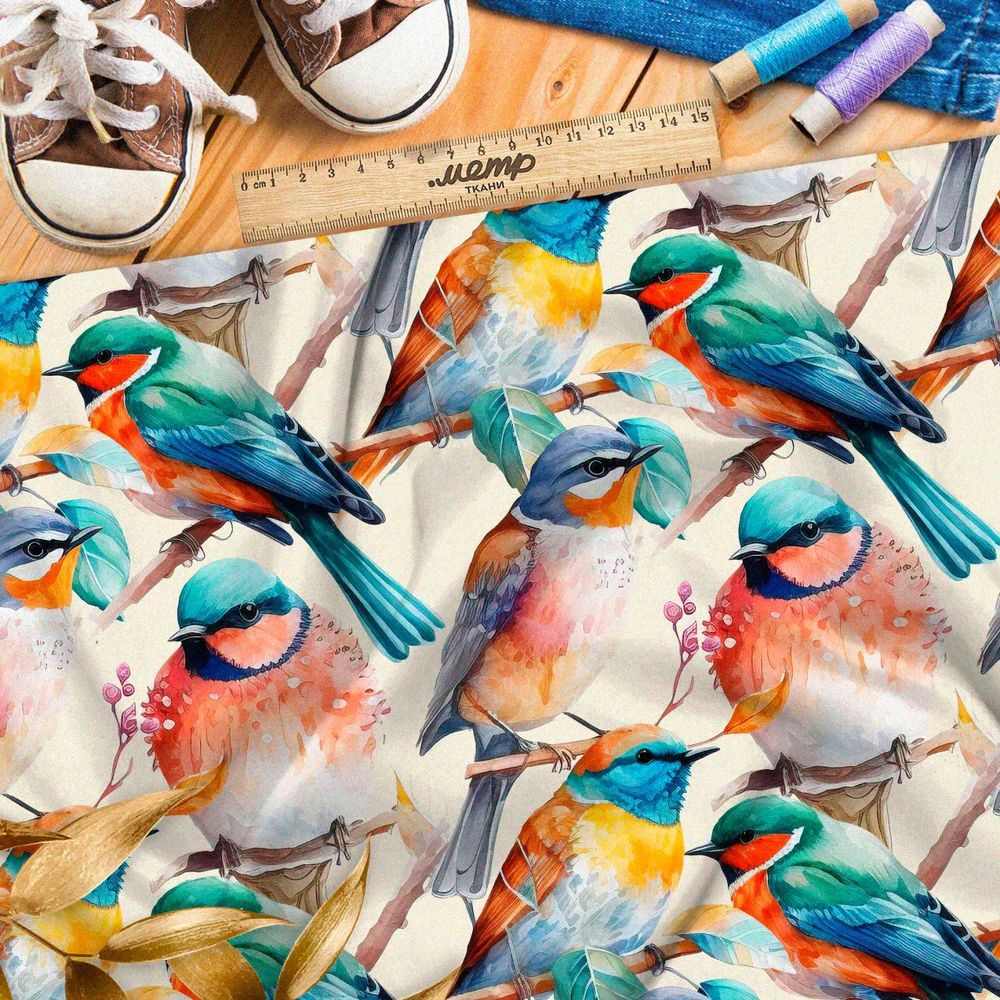 Ткань премиум шифон акварельные птицы