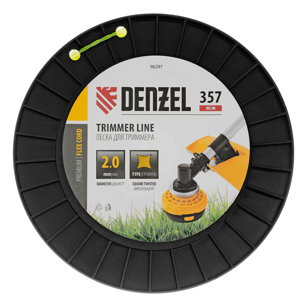 Леска для триммера витой квадрат, 2,0мм х 357м, на DIN катушке FLEX CORD Denzel