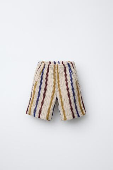 ZARA ШОРТЫ ИЗ КРУЖЕВА КРОШЕ В ПОЛОСКУ, ЭКРЮ