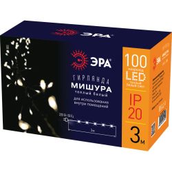 Светодиодная новогодняя гирлянда ЭРА ЕNIG - 100M нить Мишура 3 м теплый белый 150 microLED 220 V | Гирлянды