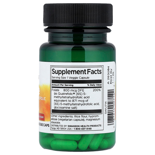 Swanson Vitamins, фолат, высокоэффективный, 30 растительных капсул (800 мкг в 1 капсуле)