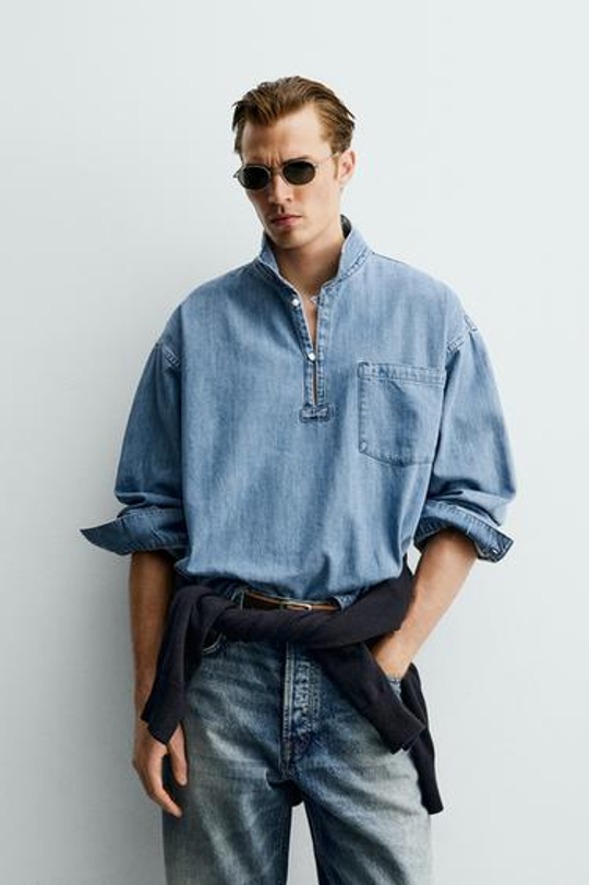 ZARA ПОЛО RELAXED FIT ИЗ РЕЛЬЕФНОЙ ТКАНИ, ГОЛУБОЙ