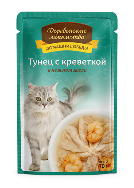 ДЕРЕВЕНСКИЕ ЛАКОМСТВА Пауч для кошек с тунцом и креветкой в нежном желе 0,07 кг