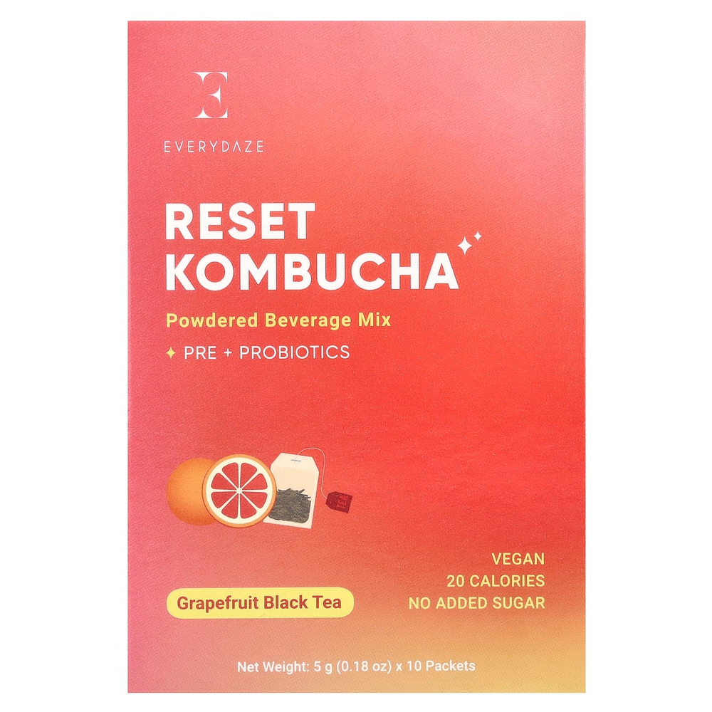 Everydaze, Reset Kombucha, порошковая смесь для напитков, грейпфрутовый черный чай, 10 пакетиков по 5 г (0,18 унции)