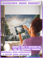 3D Фотообои утренний лес в тумане и небо