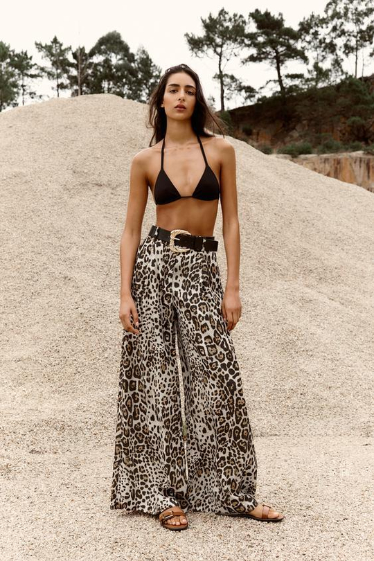 ZARA АТЛАСНЫЕ БРЮКИ С ШТАНИНАМИ И РЕМНЕМ, ЛЕОПАРДОВЫЙ