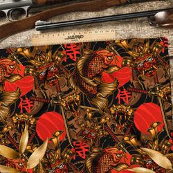 Ткань мембрана красный самурай, катаны и рыбы на чёрном фоне