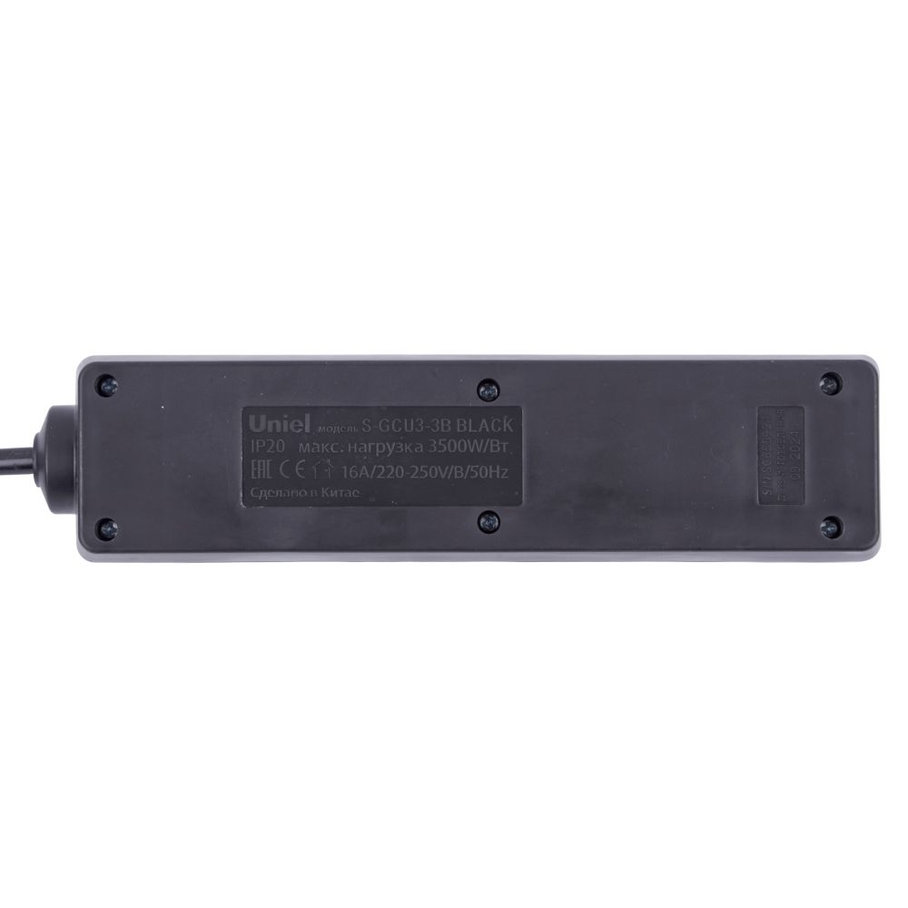 S-GCU3-3B BLACK Удлинитель серии Ultra. шнур 3м.. 3 гнезда. 16A. с-з. Черный. TM Uniel