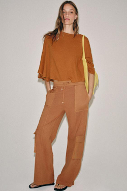 ZARA ФУТБОЛКА ИЗ ХЛОПКА И ЛЬНА, ЦВЕТ ЖЖЕНОГО АПЕЛЬСИНА
