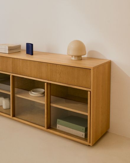 Сервант Helvine с 4 дверцами и 4 ящиками шпон дуба и закаленное стекло, 200 x 75