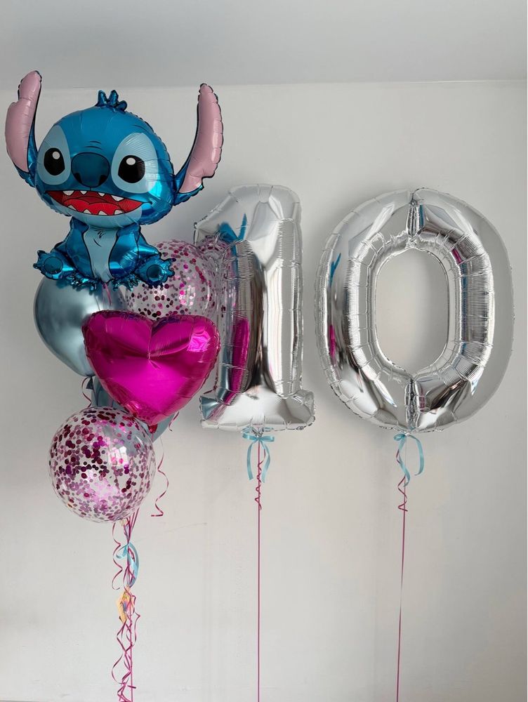 Воздушные гелиевые шарики для девочки Стич/монстрик цифры серебро №5072
