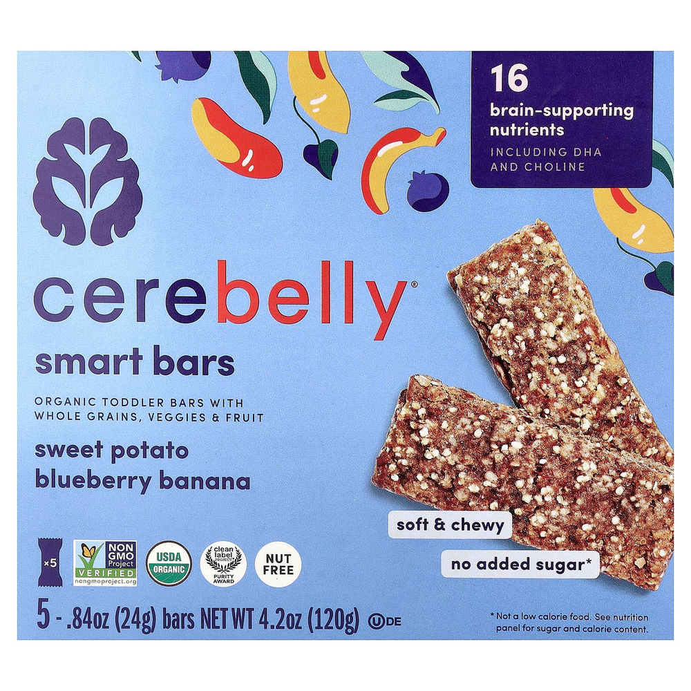 Cerebelly, Smart Bars, органические батончики для малышей, батат, черника и банан, 5 батончиков по 24 г (0,84 унции)