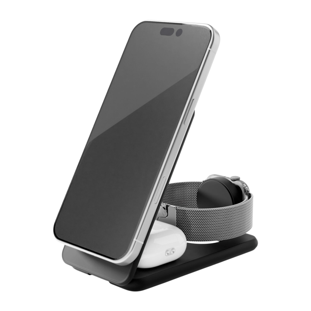 Складная зарядная станция MagSafe VLP Alum Power Pro для iPhone, Apple Watch и AirPods (Qi2) Беспроводная зарядка: Qi 15 Вт, Qi 5 Вт, магнитное крепление для зарядки Apple Watch (Qi 3 Вт). Проводная зарядка: нет. Сертификация Qi2. Отсутствует LED-индикаци