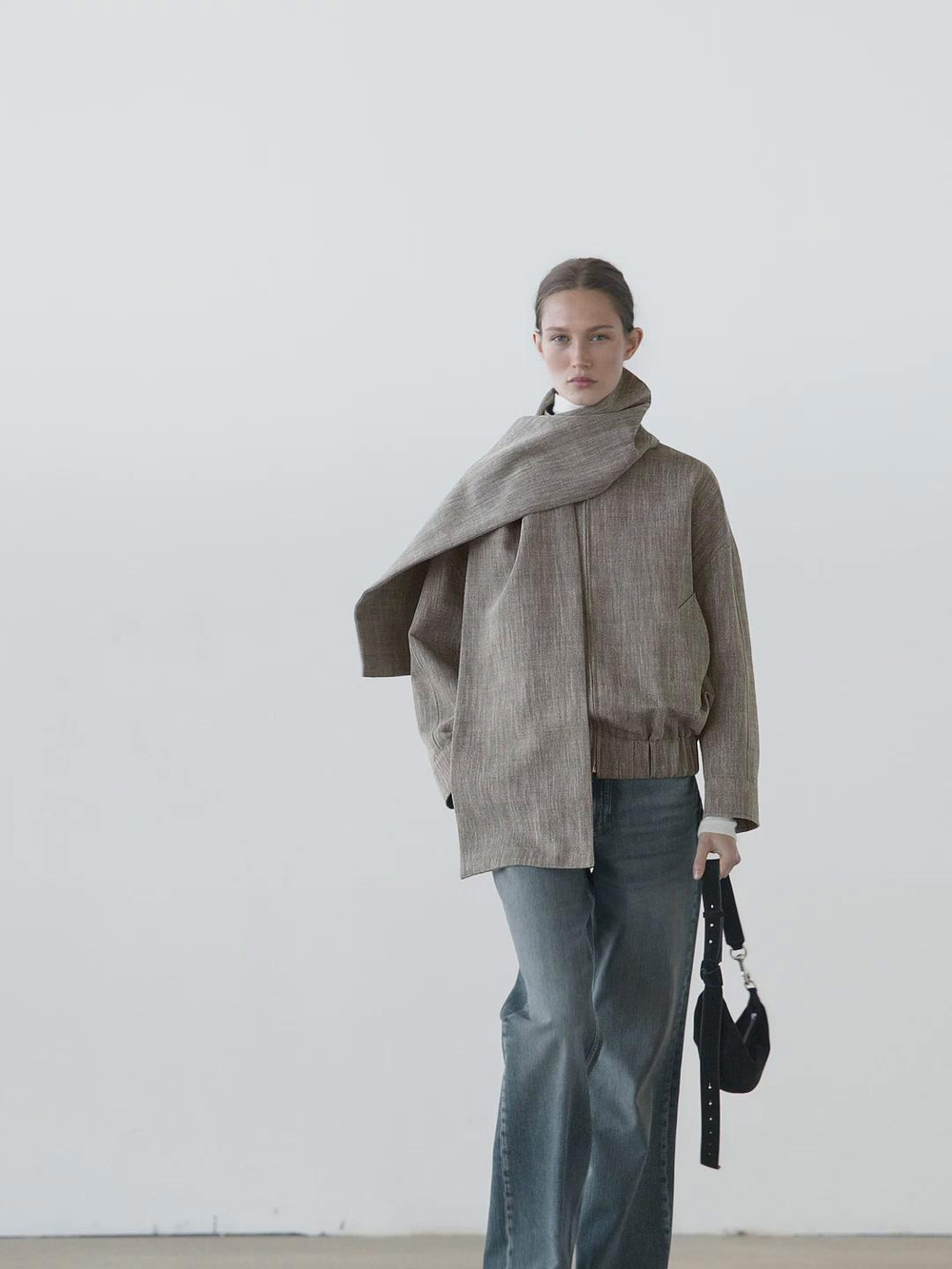 Massimo Dutti Куртка-бомбер в крапинку с шарфом, серый