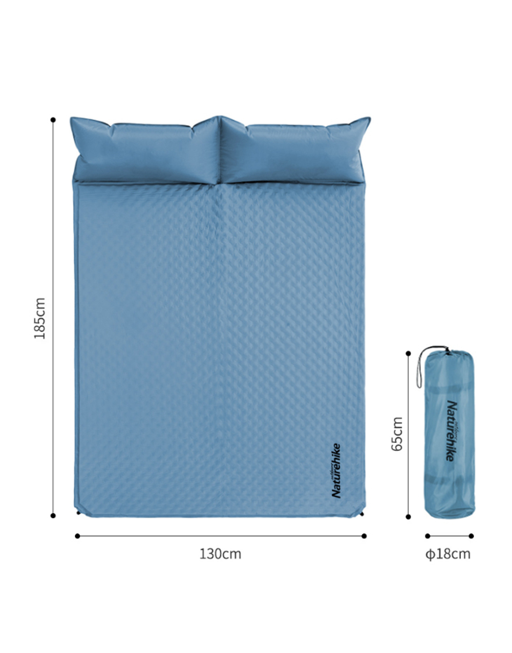 Коврик самонадувающийся Naturehike двойной, с подушками, 185х130х2,5 см, голубой