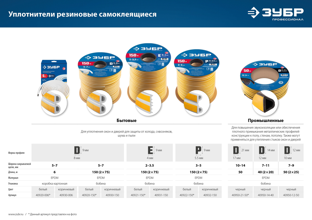 ЗУБР 150 м, D-профиль, размер 9 х 8 мм, белый, самоклеящийся резиновый уплотнитель, Профессионал (40920-150)