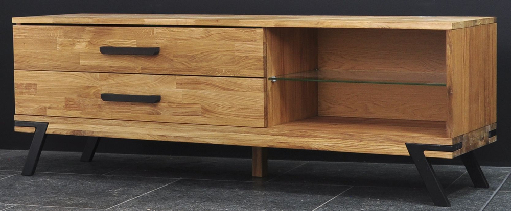 Тумба под телевизор Флеверс, 2 ящ из массива дуба с металлом