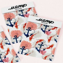 Ткань лен якорь золотые карпы кораллы