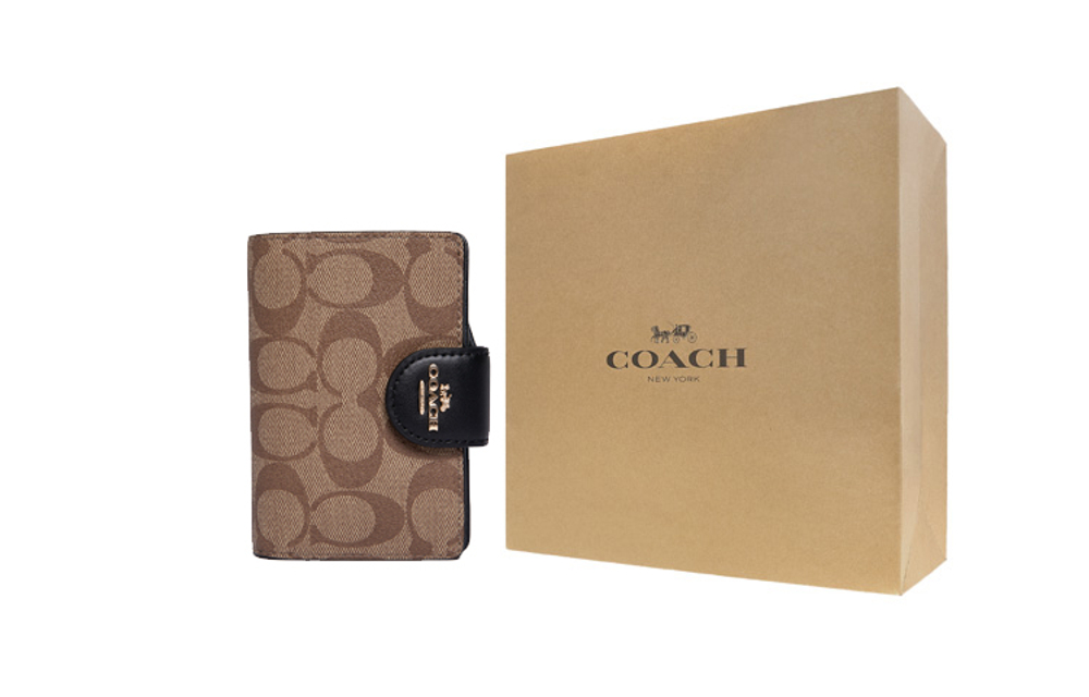 COACH Corner Zip Coated Canvas With Leather Wrist Bag Clutch Pochette Wallet Women"s Brown/Black