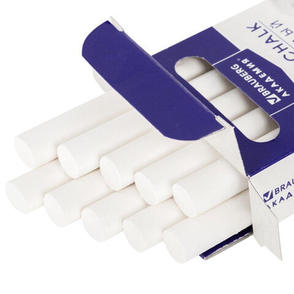 Мел белый BRAUBERG "АКАДЕМИЯ" (АЛГЕМ), 10 штук, круглый, мягкий, 271147