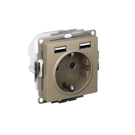 Розетка 1-м СП AtlasDesign 16А IP20 с 2-мя заряд. устройствами USB тип A+A 5В/2.4А 2х5В/1.2А механизм шампань SE ATN000530