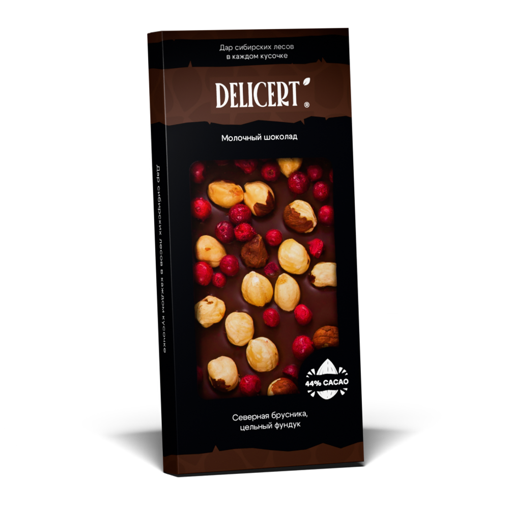 Северная брусника и цельный фундук с молочным шоколадом DELICERT. 75 гр.