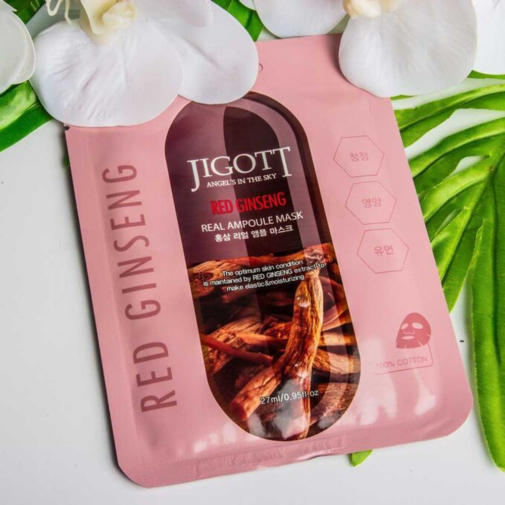 Jigott Маска ампульная с экстрактом красного женьшеня - Red ginseng real ampoule mask, 27мл, шт