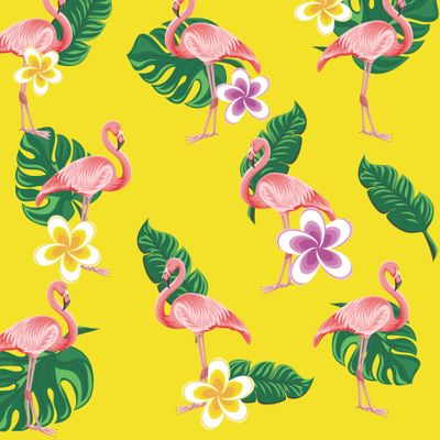 Фламинго и тропические цветы