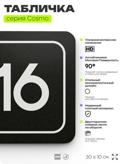 Таблички с номером аудитории "Аудитория №16", для офиса, 30 х 10 см, серия COSMO 3010, черная, Айдентика Технолоджи