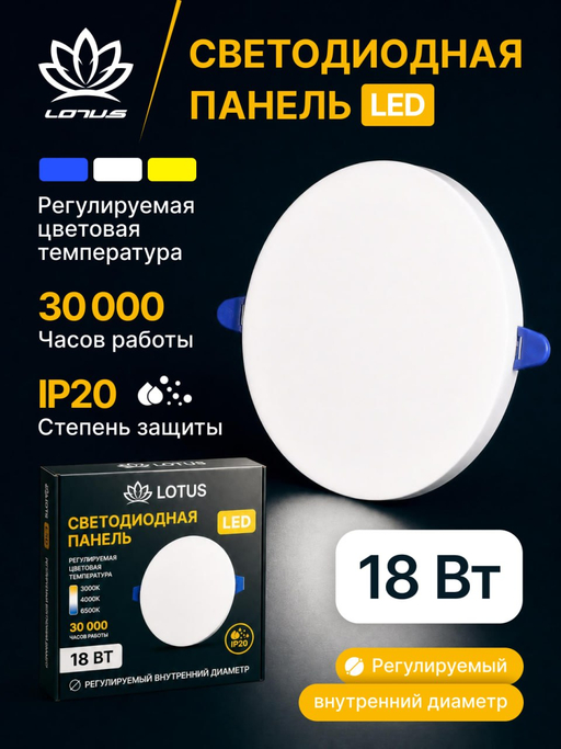 Светодиодная LED панель LOTUS LOFT 18 Вт круглая трехрежимная (3000K, 4000K, 6500K)
