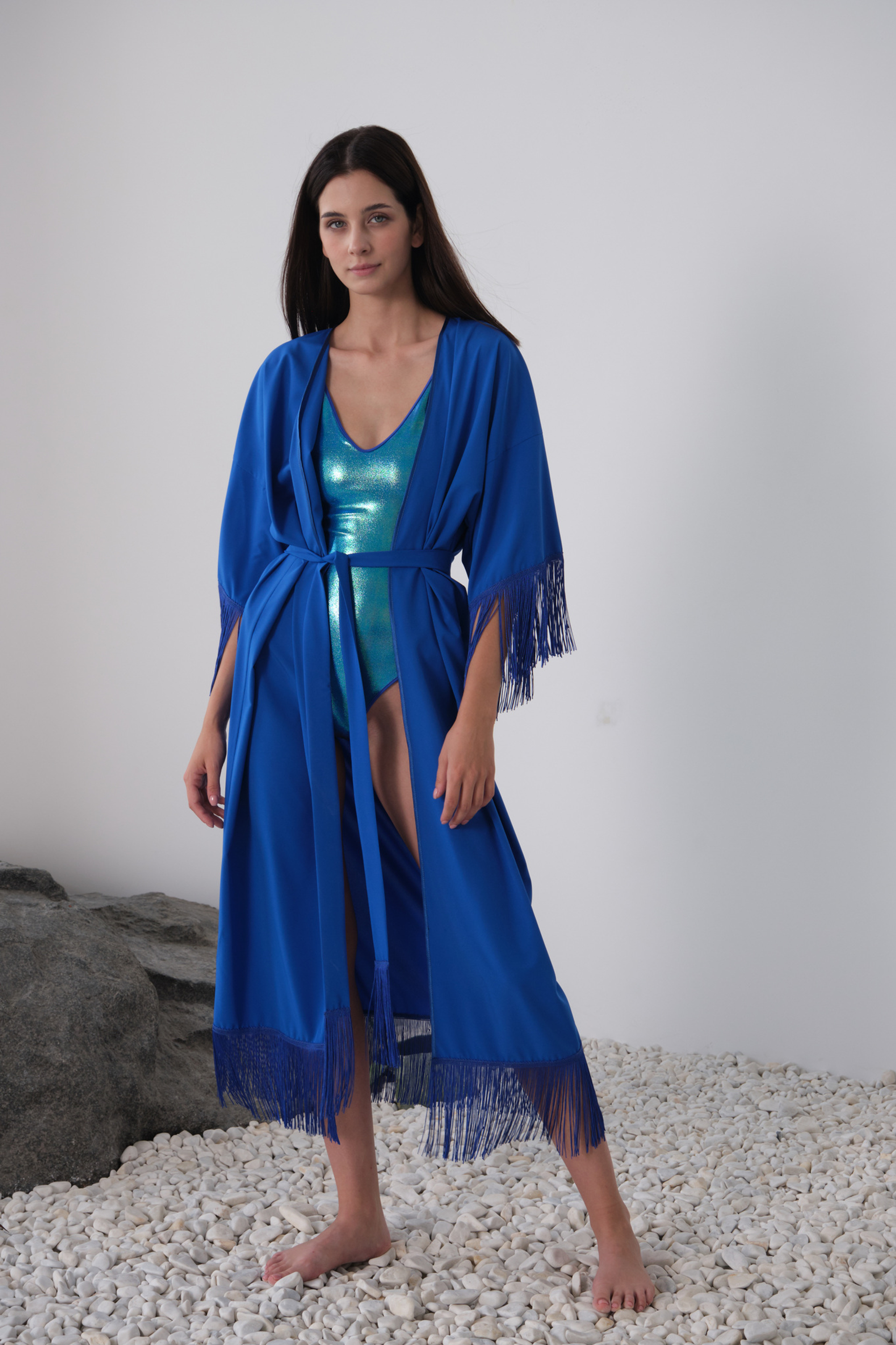 Туника с бахромой синяя пошив