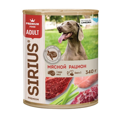 SIRIUS Консервы для взрослых собак, Мясной рацион, 340г. Сириус