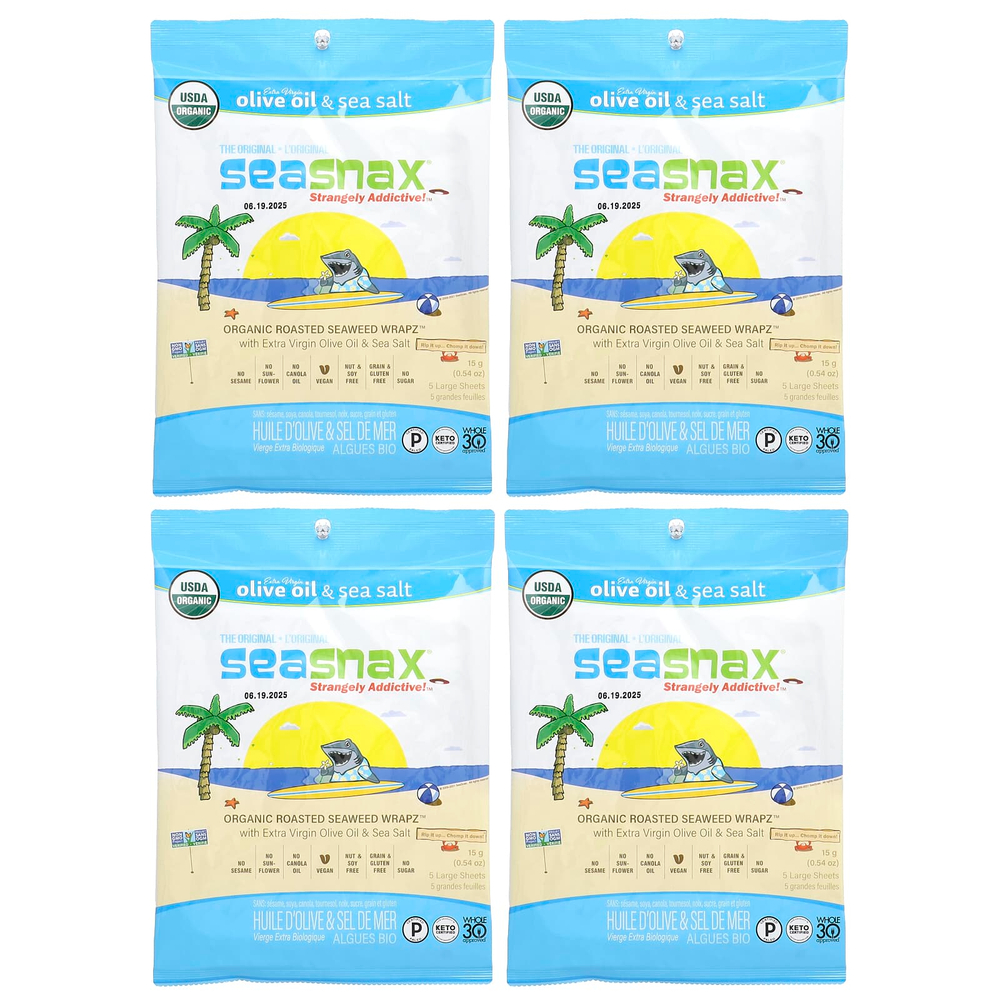 SeaSnax, Organic Roasted Seaweed Wrapz ™, оливковое масло и морская соль, 20 больших листов, 60 г (2,16 унции)