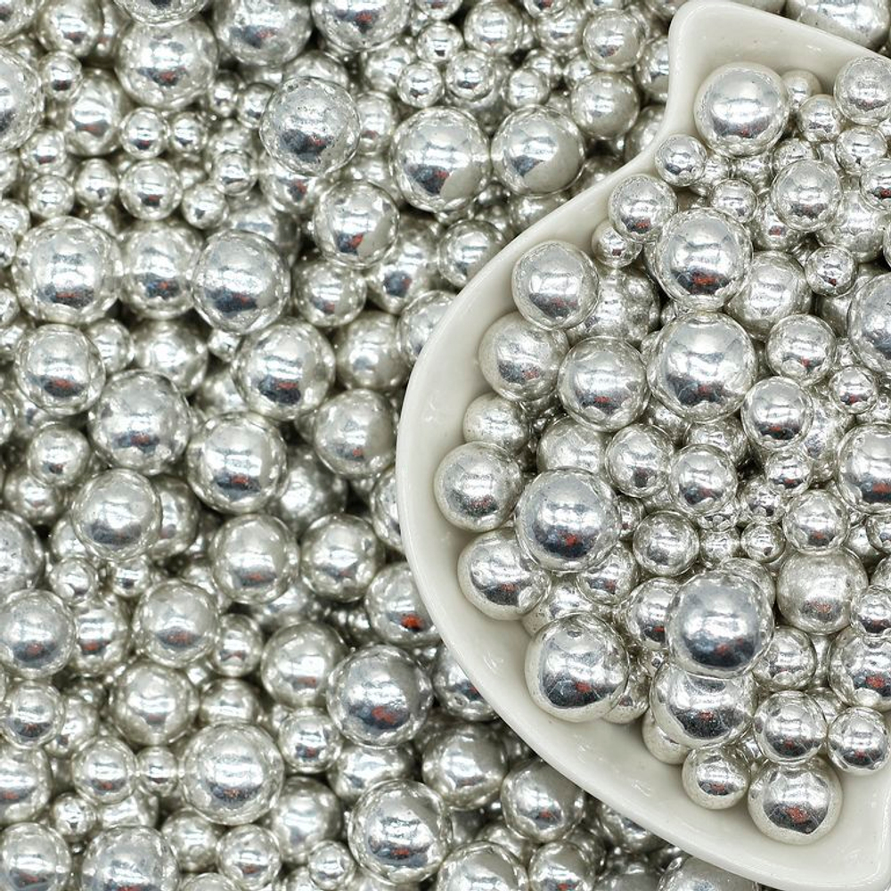 Шарики сахарные серебро микс размеров. 50 гр